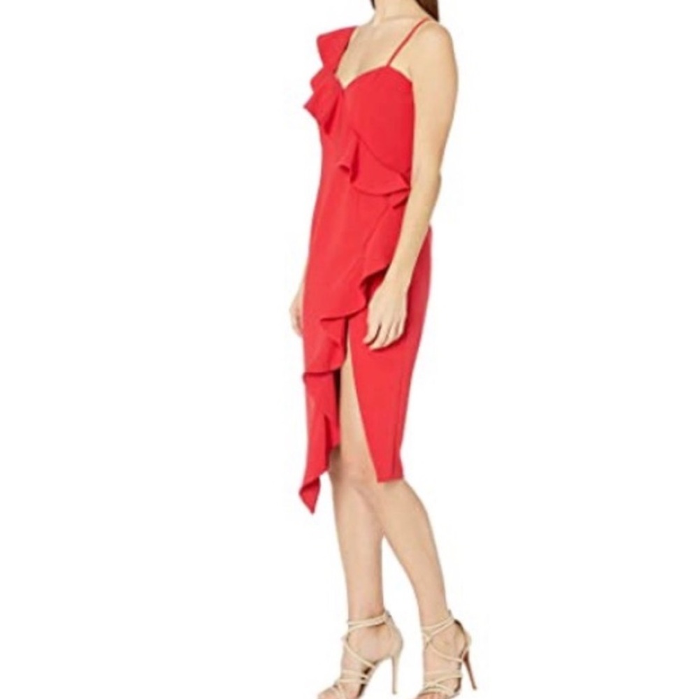NWT Bardot Fire Red Destiny Ruffle Cocktail Midi Dress Asymmetrical size 6/ S